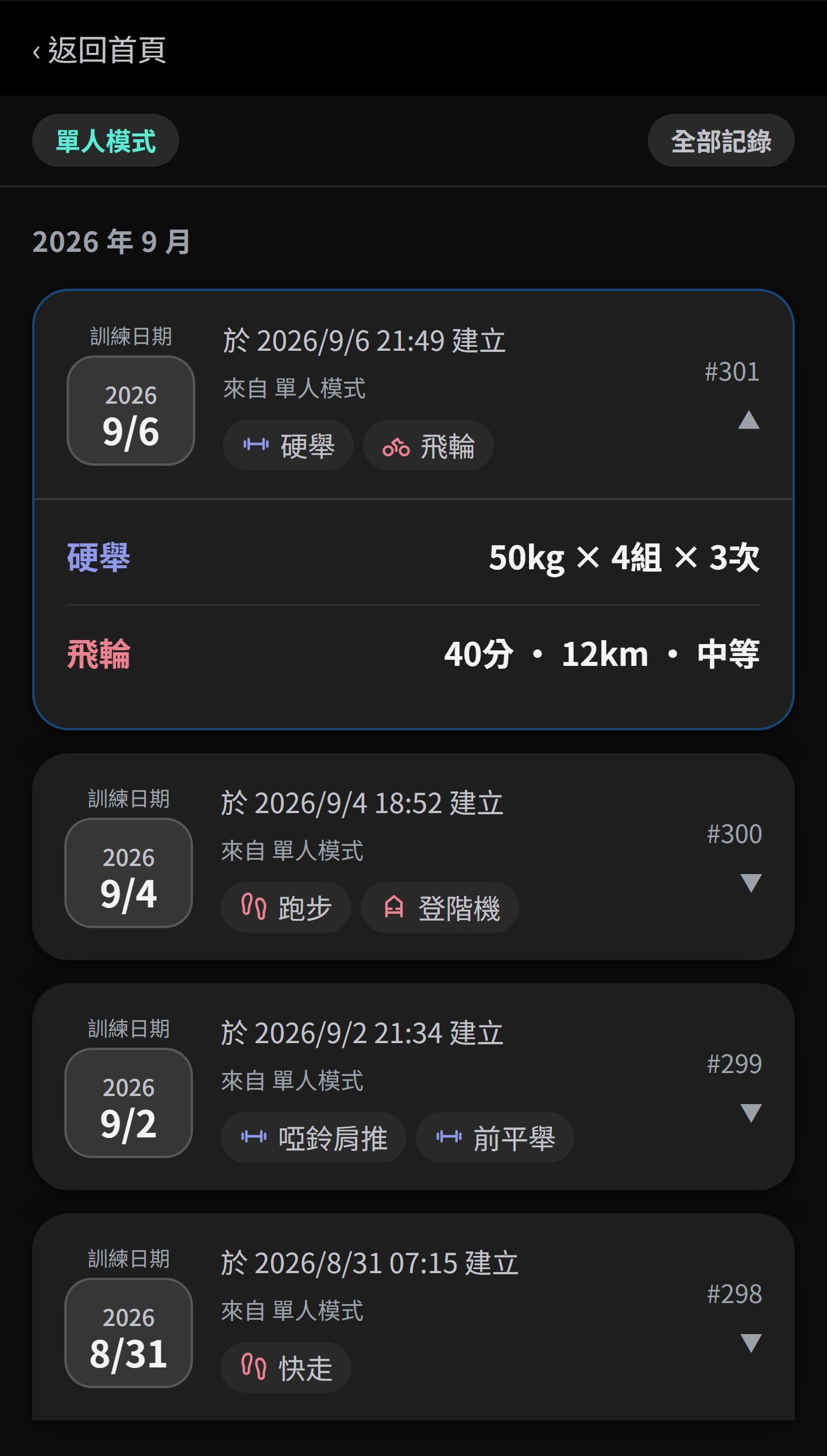 訓練歷史畫面：記錄卡片依日期排列，展開後顯示重訓的重量組數次數與有氧的時長距離，點圖加入官方帳號
